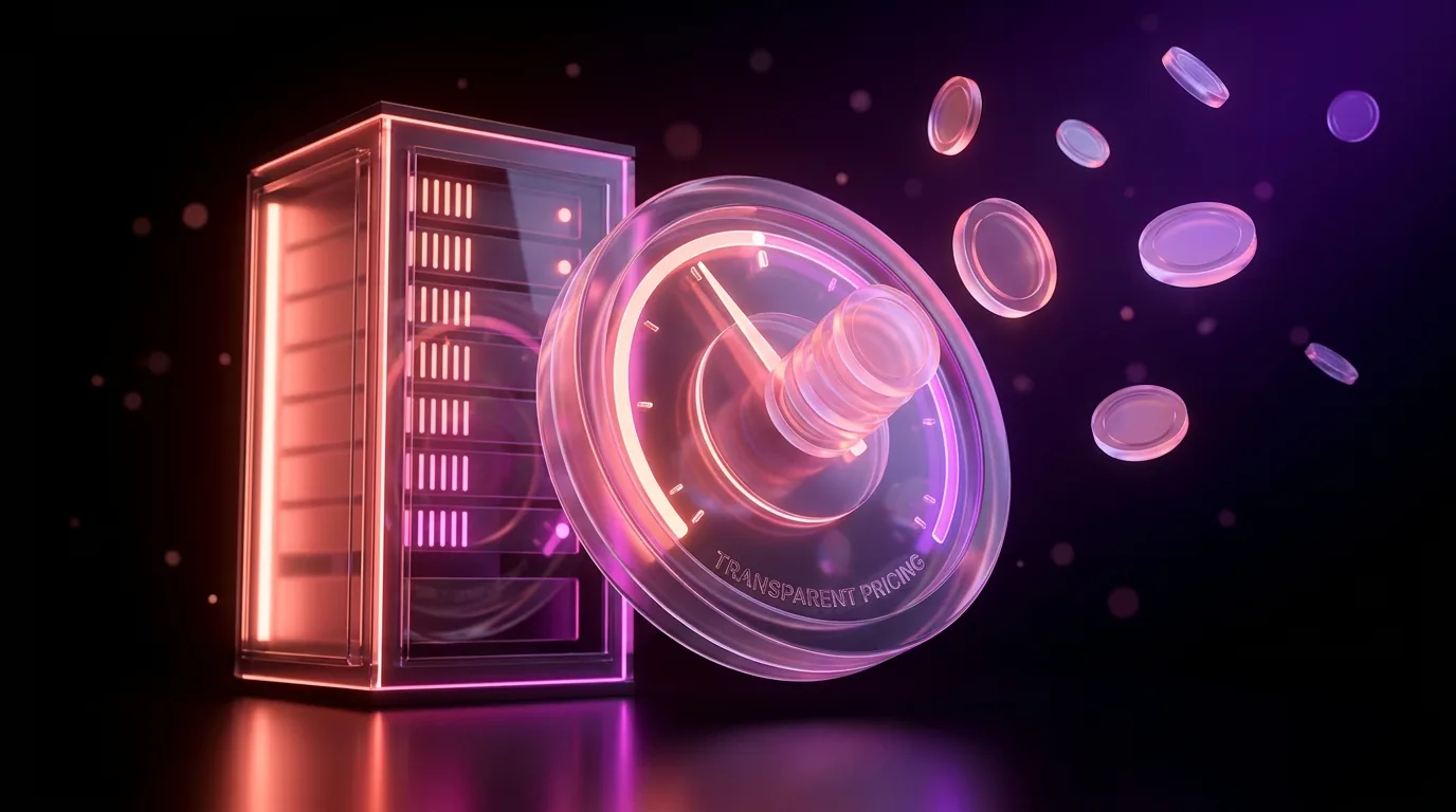 Floating price tags and coins drifting around a glowing cloud server, illustrating the cost of website hosting