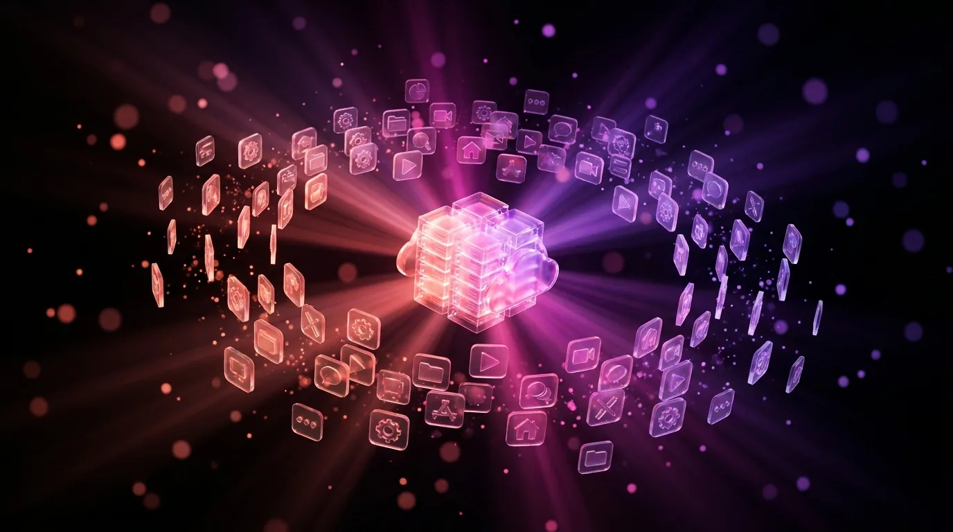 A constellation of open-source app icons orbiting a personal cloud server under a glowing dreamlike sky